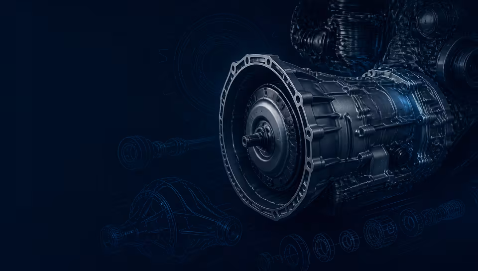 Automotive transmission and drivetrain components in a technical navy composition